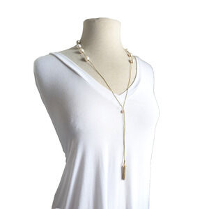 LUC Lucas Lameth Braided Rope Gold Plate Jumbo Pearls Tassel Lariat Necklace 39"